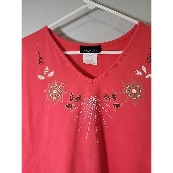 Zoe Women Shirt Top V Neck Short Sleeve Coral Pink Size Lg - Picture 2 of 7